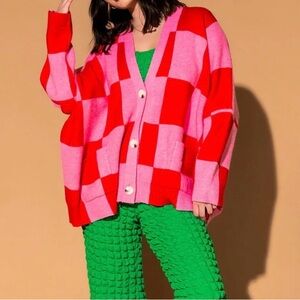 Dressed in LALA Red and Pink Checkered Cardigan